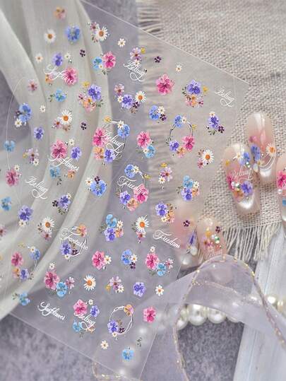 2026春夏新款5D立体浮雕花卉美甲贴纸，复古甜美风格自粘雏菊及彩色小花美甲贴，防水美甲用品，适合DIY美甲设计，日常佩戴及度假美甲装饰，女士及女孩适用