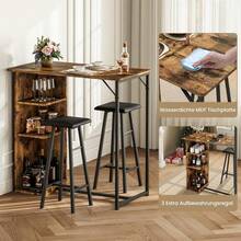 Mesa de bar pequeña 3 piezas y sillas con 3 estantes de almacenamiento, mesa comedor de cocina retro para 2, muebles de apartamento ahorro espacio con taburetes. - Tapizado en marrón - Ver 3