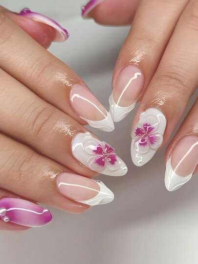 30pcs Press On Nails Short Almond French Nails Y2k Purple Nails Feathered White Edge 3D Flower Reusable Press On Acrylic Nails Fake Nails Supplies Free Of 24 Pieces Of Jelly Tabs And A Mini File