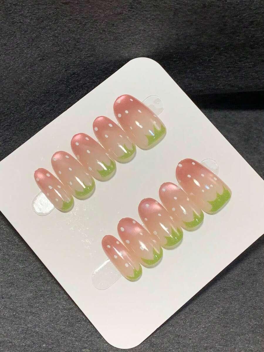 10pcs Pure Handmade Press On Nails Medium Nails Oval Nails Pink Nails Sweet And Lovely Style Pink Ombre Cat Eye Hand-Painted Strawberry Green Leaf Polka Dot Pattern Simple And Clear Press-On Nails For Women And Girl,Spring Summer Fall Winter Festivals Party And Dailys Life Use - Pink - View 1