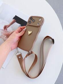 Gold Heart-Shaped Decorative Wavy Edged Solid Color Phone Case With Lanyard, Waterproof, Shockproof, Anti-Fall, Anti-Scratch - Khaki - View 3