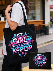 帆布手提袋，印有“Just A K-Pop Lover Girl”字样，大容量K-Pop粉丝单肩包，粉丝周边礼品，通勤购物袋，可折叠休闲杂货袋，适合音乐爱好者，适用于旅行、演唱会、粉丝活动、派对、工作、日常使用，粉丝礼物，韩剧粉丝的理想生日礼物，大学生，偶像周边，节日礼物，演唱会礼物 - 彩色 - 查看 5