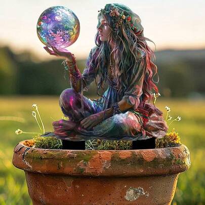 Unconventional Fairy Lady & Fantasy Crystal Ball Acrylic 2D Flat Garden Stake Decor