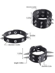 1/9 piezas Pulsera de cuero negro con remaches de estilo punk, brazalete de metal, muñequera unisex - Multicolor - Ver 9