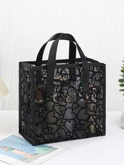1pc Classic Black Heart-Shaped Mesh Cosmetic Bag, Breathable Mesh Suitable For Dorm, Home, Outdoor, Beach Vacation, Recommended Gift For Girls, Suitable For Women
