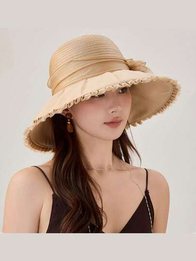 Fashion Sun Hat For Women, Beach Travel Bucket Hat, Organza Flower Mom Sun Visor Hat, UV Protection Bucket Hat