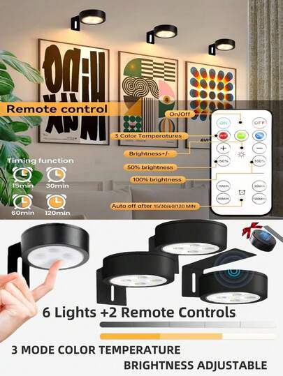1/3/6pcs Remote Control Magnetic Iron Art Wall Lamp, Adjustable Color Temperature & Brightness, Timer, Tap On/Off Sleep Night Light Suitable For Bedroom, Study, Staircase, Corridor