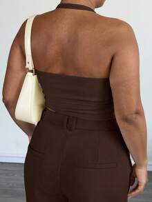 Plus Size Sexy Minimalist Ribbed Spaghetti Strap Fitted Camisole For Daily, Commute, Street, Date, Sports Wear Casual Summer - Coffee Brown - View 5