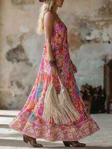 Vuslat 女士夏季休闲宽松 V 领碎花复活节连衣裙，巴厘岛海滩度假风波西米亚连衣裙，适合夏季度假、音乐节、假日穿着 - 玫瑰紅 - 查看 3