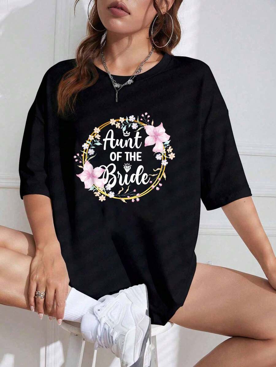 Camiseta Unisex 100% Algodón para Tía de la Novia, Camiseta Gráfica para Mujer y Hombre, Camiseta Casual de Manga Corta con Cuello Redondo - Negro - Ver 1