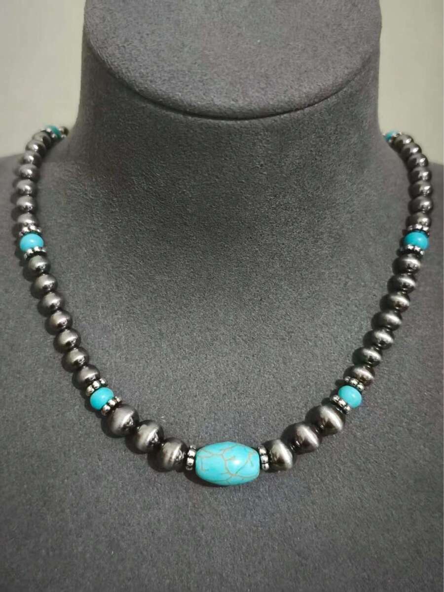 Vintage Turquoise Necklace, Antique Silver Tone Jewelry For Women - Multicolor - View 1