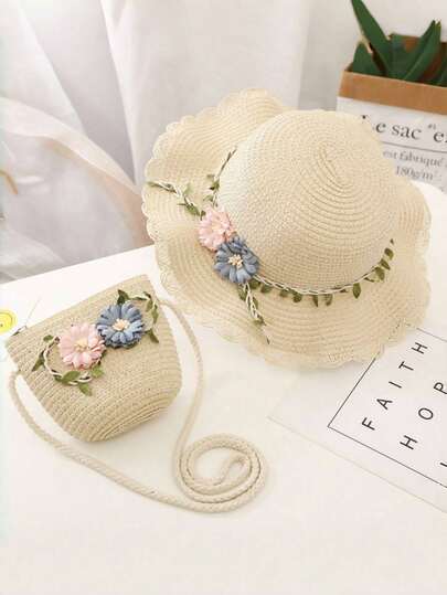 1 Set Kids Flower Decor Lace Trim Hat & Bag Set