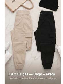 Stillger Moda Jeans Kit 2 Women's Cargo Jeans Jogger High Waist Butt Lifting Premium Pants With Lycra Side Pockets - 米色和黑色 - 查看 4