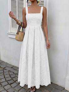 Womens Sleeveless Maxi Summer Dresses 2026 Hollow Out Eyelet Square Neck Ruffle Flowy Beach Vacation Sundress - White - View 2