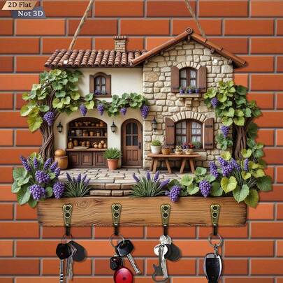 2D 平面乡村小屋钥匙架壁挂式 - 装饰性 2D 平面钥匙收纳架，迷人的房屋和树木设计，木质钥匙架，适用于家庭、厨房、办公室 - 安装简便，节省空间的收纳方案，墙面钥匙挂钩，厨房配件，浪漫设计，结构坚固耐用，兼具装饰性和实用性，设计亮点，价格实惠。
