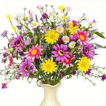 3pcs Colorful Spring Summer Autumn Flowers 22in Floral Stems Rustic Wildflower Bouquet Summer Flower Picks With Daisy For Table Indoor Wedding Decor(Without Vase)