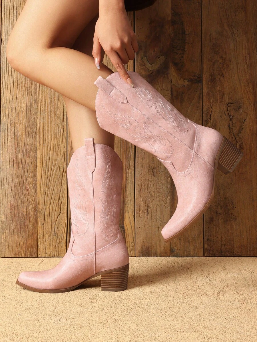 Women's Cowboy Cowgirl 2.36-Inch Chunky Western Square Toe Embroidered Pull On For Commuting Dates Rodeos Concerts Mid Calf Pink Boots - Pink - View 1