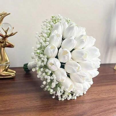 Ramo de tulipanes y lirios de la Cala blancos, de tacto real, adecuado para novia/dama de honor de boda, ramo de novia artificial hecho a mano, accesorios de boda, decoración del hogar para el Día de San Valentín y fiestas de boda