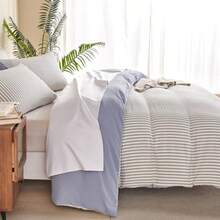 King Size Duvet Cover Blue Striped Washed Microfiber Jacquard 3 Pieces Bedding Set White Blue Vertical Ticking Stripes Pattern Comforter Cover With Zipper Closure Breathable Durable Soft Comfy - 藍色條紋無被子 - 查看 7