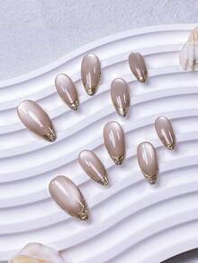 10pcs Handmade Almond-Shaped Metal Edged Nail Stickers, French Manicure Design, Champagne Cat Eye Effect. Minimalist Multi-Purpose Design, Fashionable And Elegant, Suitable For Any Occasion. Nail System, Easy To Wear And Remove. - Gold - View 5