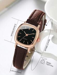 Set de 2 piezas: Reloj de pulsera de cuarzo elegante para mujer con esfera cuadrada y esfera pequeña + Pulsera con dije de corazón (Caja de reloj no incluida) - Marrón - Ver 5