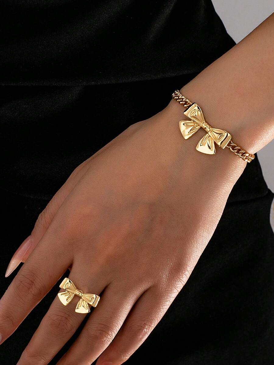 Set de 2 piezas de pulsera y anillo con lazo, de estilo sencillo y dulce, adecuado para uso diario y citas de mujeres - Dorado - Ver 1