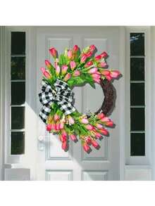 1pc Pink Tulip Wreath - With Green Leaves Wreath - Suitable For Spring/Summer Weddings, Valentine's Day Parties, And Year-Round Home Decor - Multicolor - View 2