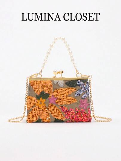 1pc Colorful Floral Sequin Contrast Mesh Embroidered Leaf Pattern Linen Tote Bag, High-End Pearl Clasp Handbag, Vacation & Party Evening Clutch