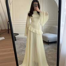1Pcs Women's New Pure And Alluring High-End Round Neck Slim Fit Long Sleeve Dress - 淡黃色 - 查看 2