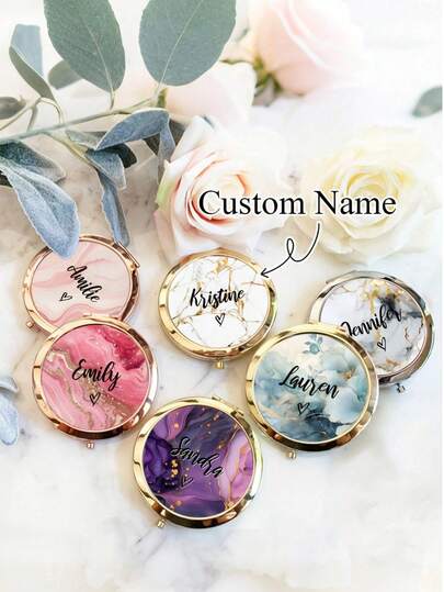 Personalisierter tragbarer Make-up Spiegel, personalisierter kompakter Make-up Spiegel, Marmorstruktur, exquisite Geschenkbox, Taschengröße, ideal für Frauen zum Nachschminken während der Fahrt, personalisierter Brautjungfern Kompaktspiegel