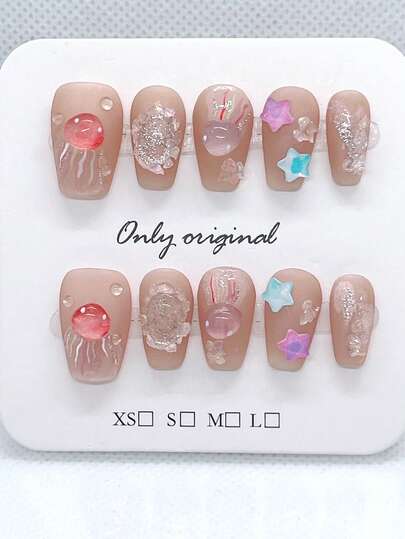 10pcs Pink Handmade Press-On Nails Short Coffin Matte French Nails, Acrylic Wear Nails With Jellyfish And Stars. Nail Supplies, Coverage, Fake Nail Tips, Artificial Fingernails For Women And Girls, Purely Hand-Wear Nails
