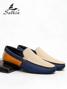 Salkin 经典男士莫卡辛鞋，奢华天鹅绒乐福鞋，柔软皮革商务休闲鞋，适合日常办公、派对、婚礼、正式场合、浪漫晚餐、节日礼物、学生返校休闲鞋，学院风。建议选大一码。 - 米色 - 查看 4