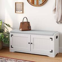 2-Tier Shoe Storage Bench, 39.4" W Shoe Bench With Padded Seat Cushion, Entryway Bench With Handles, 2 Doors, Adjustable Shelf For Living Room, Bedroom, Front Door, Hallway, Closet - White - White - View 1