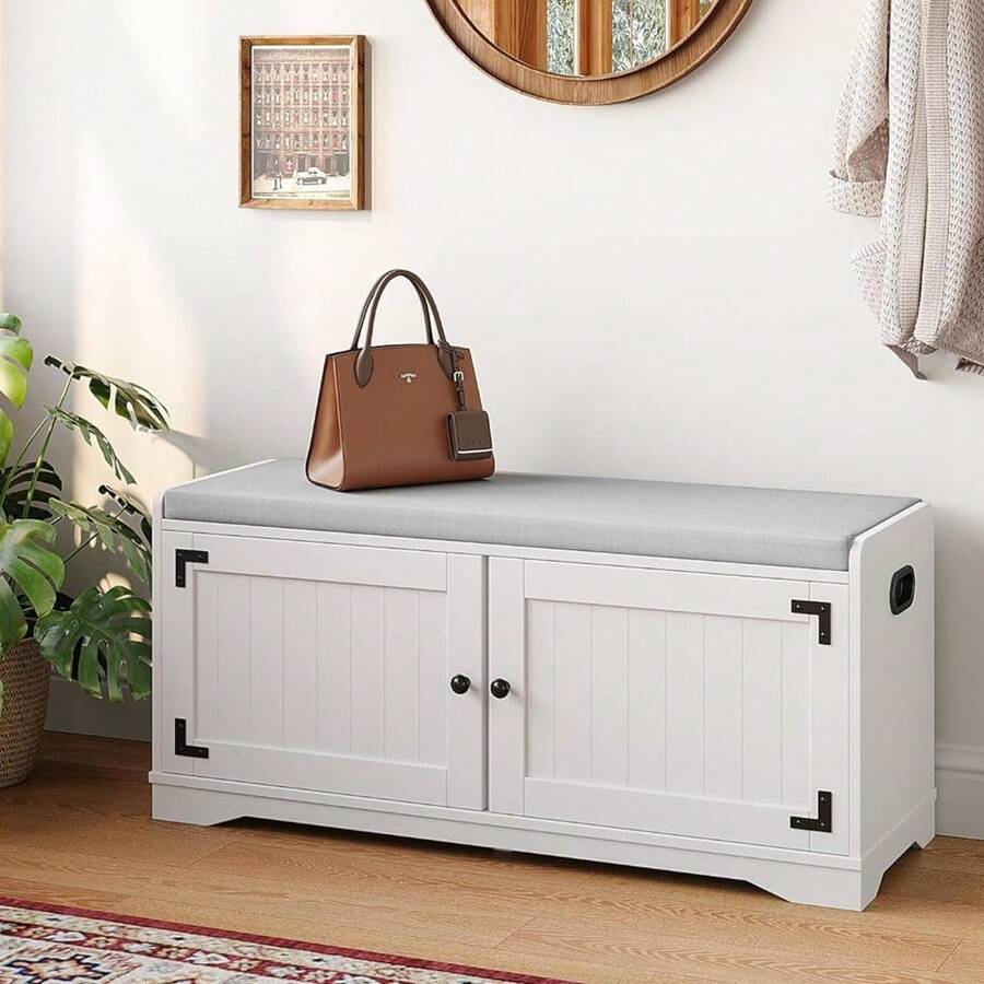2-Tier Shoe Storage Bench, 39.4" W Shoe Bench With Padded Seat Cushion, Entryway Bench With Handles, 2 Doors, Adjustable Shelf For Living Room, Bedroom, Front Door, Hallway, Closet - White - White - View 1