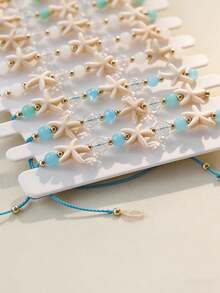 12pcs/Set New Fresh Ocean Style Starfish Beaded Adjustable Bracelet Set - Boho Pink And Blue Layered Bracelets With Transparent Crystal Beads, Matte Jade Beads And Resin Starfish Pendants, Drawstring Adjustable For Summer Beach Vacation, Music Festival, Pool Party, Casual Wear, Nickel-Free Gift - Multicolor - View 8