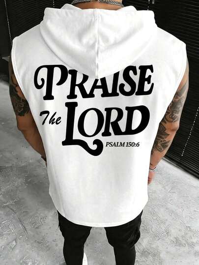 Men's Hooded Sleeveless Printed Vintage Casual Vest, Street Style Fitness Sports