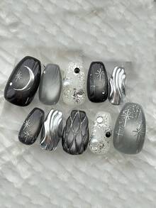 10片手工制作的黑银星月哥特风3D水波纹珍珠可重复使用假指甲，适合派对和日常佩戴 - 藏蓝色 - 查看 2