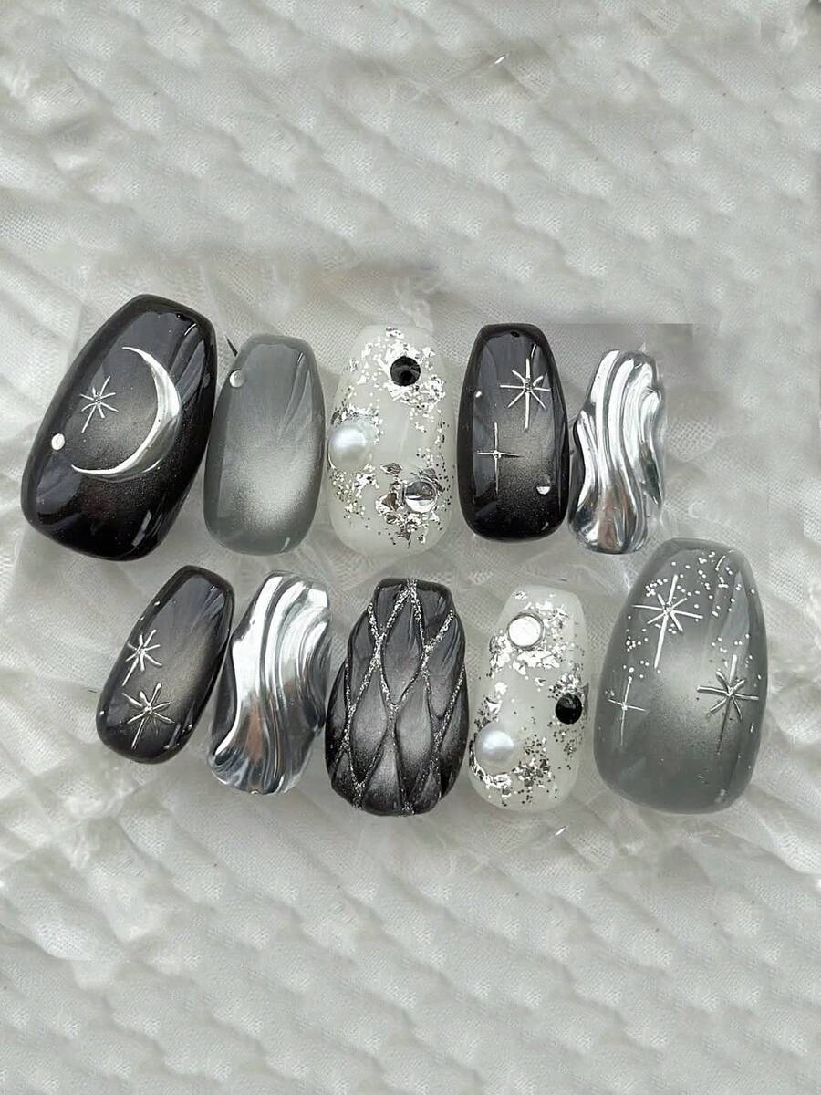10片手工制作的黑银星月哥特风3D水波纹珍珠可重复使用假指甲，适合派对和日常佩戴