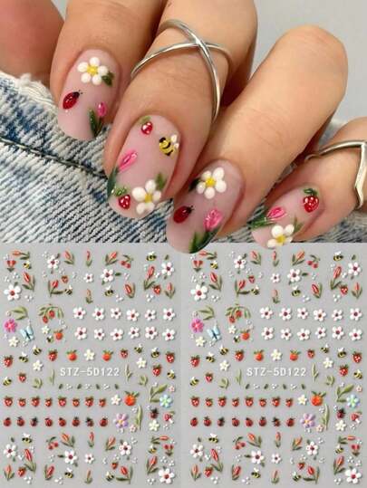 2 feuilles Autocollants d'art pour ongles 5D en relief avec motifs d'abeilles, coccinelles, fleurs. Designs mignons de marguerites, boutons de fleurs, tulipes, feuilles vertes et vignes. Décorations adhésives DIY pour manucure, idéales pour les ongles de printemps et d'été
