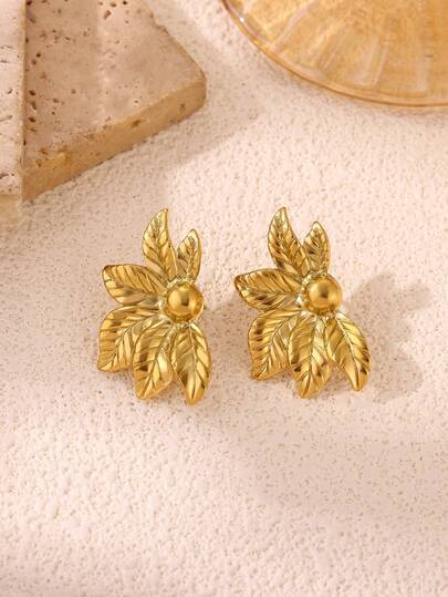 Vintage Texture Leaf Earrings For Women Stainless Steel Gold-Plated Leaf Stud Earrings Hypoallergenic Jewelry Decoration For Daily Vacation Travel Party