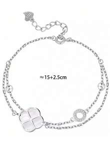 1 Peça Pulseira de Prata Esterlina S925 de Duas Camadas com Trevo de Quatro Folhas da Sorte, Joia Minimalista e Única com Círculo Oco no Estilo Ins, Adequada para Meninas, Presente de Joia da Moda para Formatura, Aniversário, Melhor Amiga - Trevo de quatro folhas - Visão 10