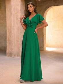 Smilprince Long Green Bridesmaid Dress, V-Neck, Ruffle Sleeve, Woven Fabric - Green - View 8