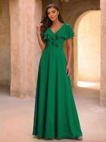 Smilprince Long Green Bridesmaid Dress, V-Neck, Ruffle Sleeve, Woven Fabric - Green - View 4