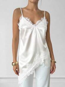 Bộ đồ nữ gồm chân váy lệch vai màu trắng trơn, dây mảnh, viền ren và áo kiểu rộng, áo hai dây satin mới, áo kiểu Pháp sang trọng, gợi cảm, hở lưng, thích hợp cho tiệc tùng, kỳ nghỉ, nhiều lớp, thích hợp cho mùa xuân/hè/thu. - trắng - Xem 2