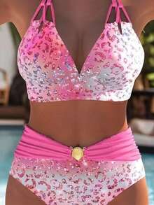Women Swimwear Beach Suit Swimming Costume Summer Beach Festival Vacation Travel Fashion Elegant Exquisite Two Piece Bikini Set - 亮粉紅色 - 查看 6