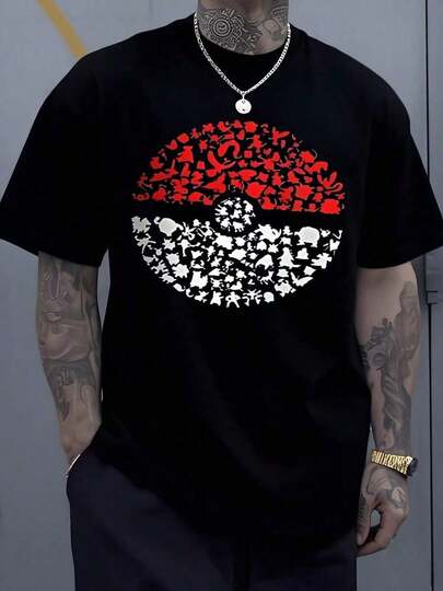 El gráfico muestra una esfera compuesta por muchas siluetas de criaturas que simbolizan energía  y aventura unidas en armonía creando una figura roja y blanca muy llamativa camiseta de hombre talla grande 100% algodón cómoda y moderna para uso diario