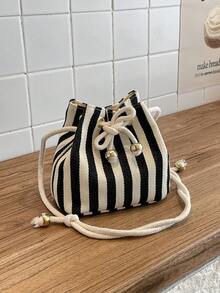Canvas Fashion New Shoulder Crossbody Bag Handbag Commuter Bag Drawstring Bucket Bag Minimalist Stylish Striped Shoulder Bag - Black - View 5