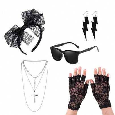 5件套80年代风格霓虹配饰套装，包括闪电耳环、项链、蕾丝手套和发带，适合80年代主题派对、夜店音乐节装饰、礼品和晚礼服。