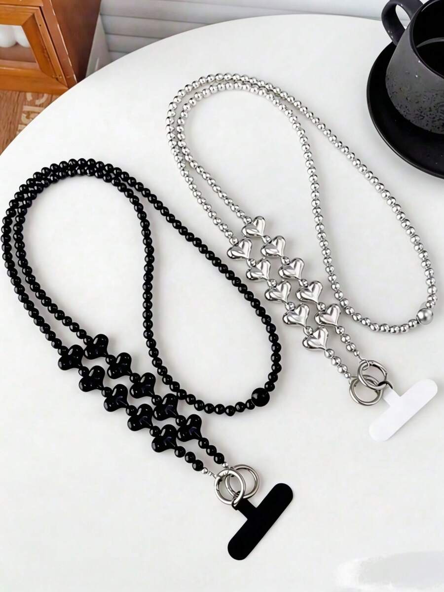 合金黑色心形元素 1 件装 简约风格手工串珠手机挂绳，心形斜挎包链，优雅黑/银色包包配饰 生日礼物 春季周年纪念 - 彩色 - 查看 1