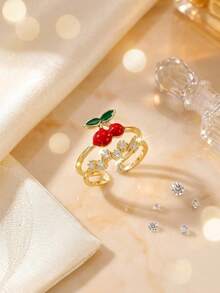 1 pieza Anillo abierto con forma de cereza chapado en oro de 18K, incrustado con circonita, adecuado para niñas jóvenes, madres, maestras, estilo bohemio, esencial para playa de verano, viajes, fiestas, carnaval/graduación, baile/fiesta/accesorio diario, joyería dorada, regalo de vuelta al colegio/cumpleaños - Dorado - Ver 2